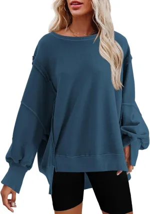 Nirovien Womens Oversized Crewneck Sweatshirt Side Slit Long Sleeve Pullover Slouchy Fit Tops