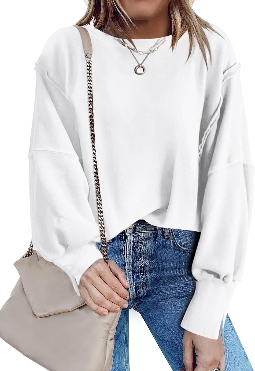 Nirovien Womens Oversized Crewneck Sweatshirt Side Slit Long Sleeve Pullover Slouchy Fit Tops