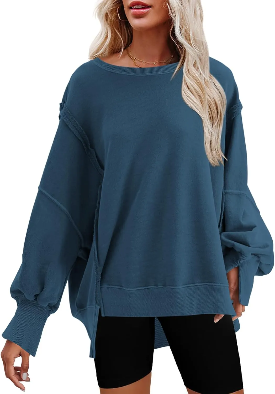 Nirovien Womens Oversized Crewneck Sweatshirt Side Slit Long Sleeve Pullover Slouchy Fit Tops