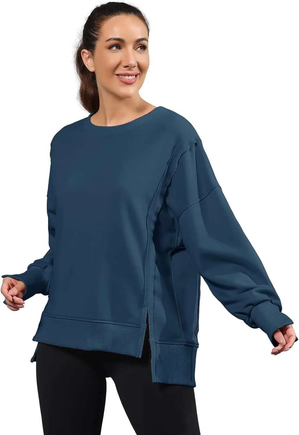 Nirovien Womens Oversized Crewneck Sweatshirt Side Slit Long Sleeve Pullover Slouchy Fit Tops