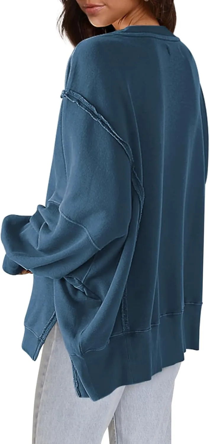 Nirovien Womens Oversized Crewneck Sweatshirt Side Slit Long Sleeve Pullover Slouchy Fit Tops
