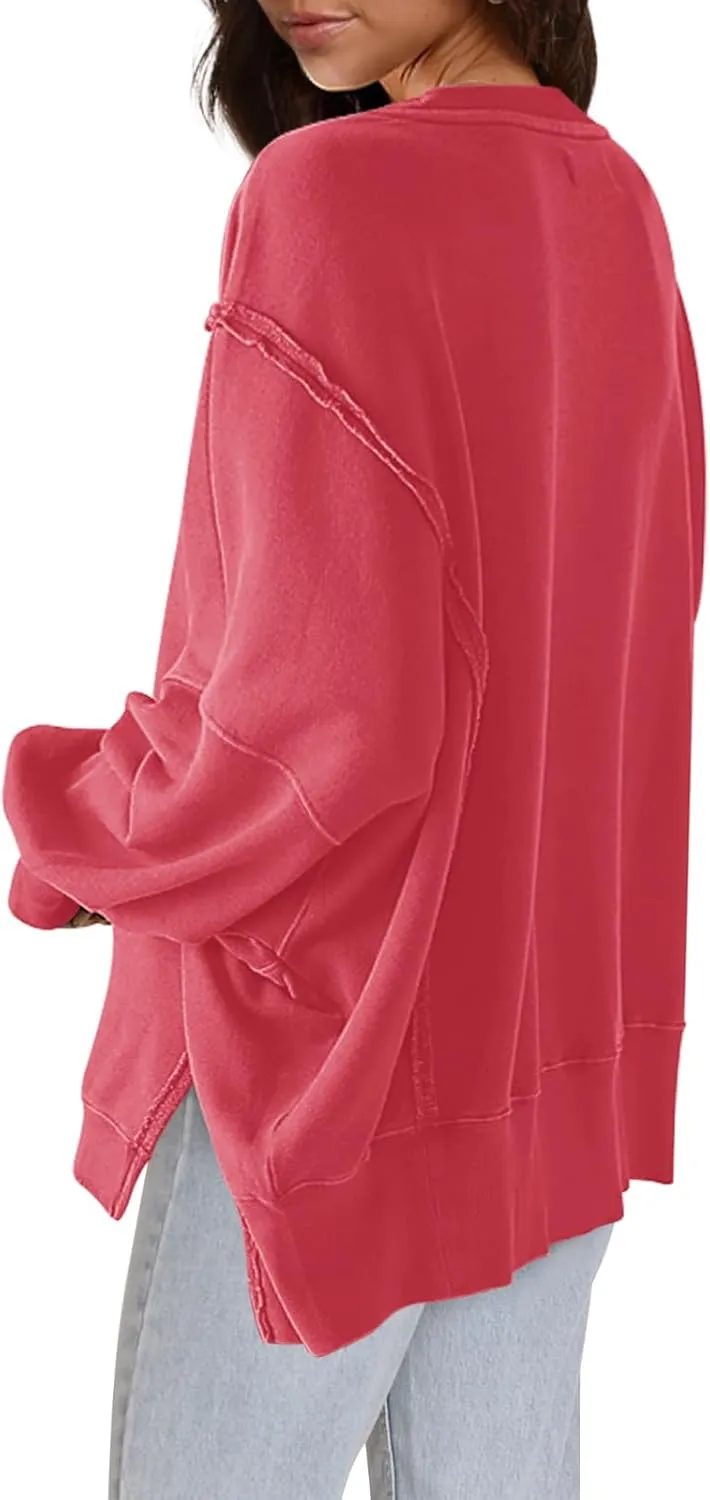 Nirovien Womens Oversized Crewneck Sweatshirt Side Slit Long Sleeve Pullover Slouchy Fit Tops