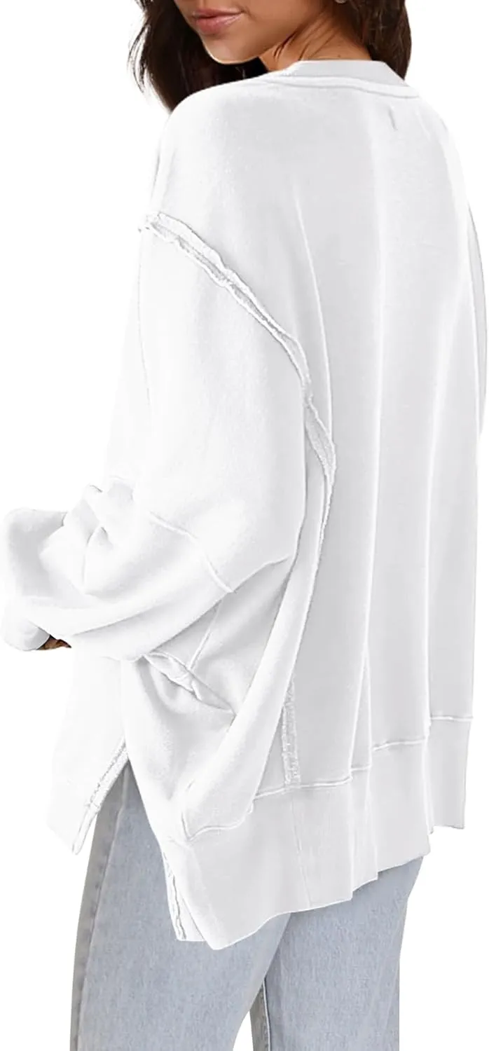 Nirovien Womens Oversized Crewneck Sweatshirt Side Slit Long Sleeve Pullover Slouchy Fit Tops