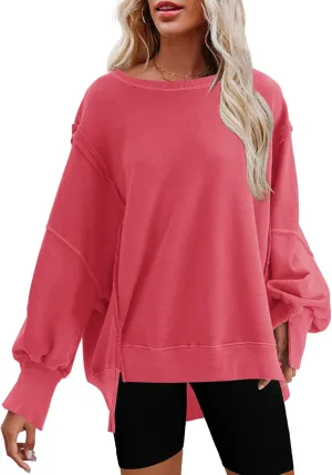 Nirovien Womens Oversized Crewneck Sweatshirt Side Slit Long Sleeve Pullover Slouchy Fit Tops