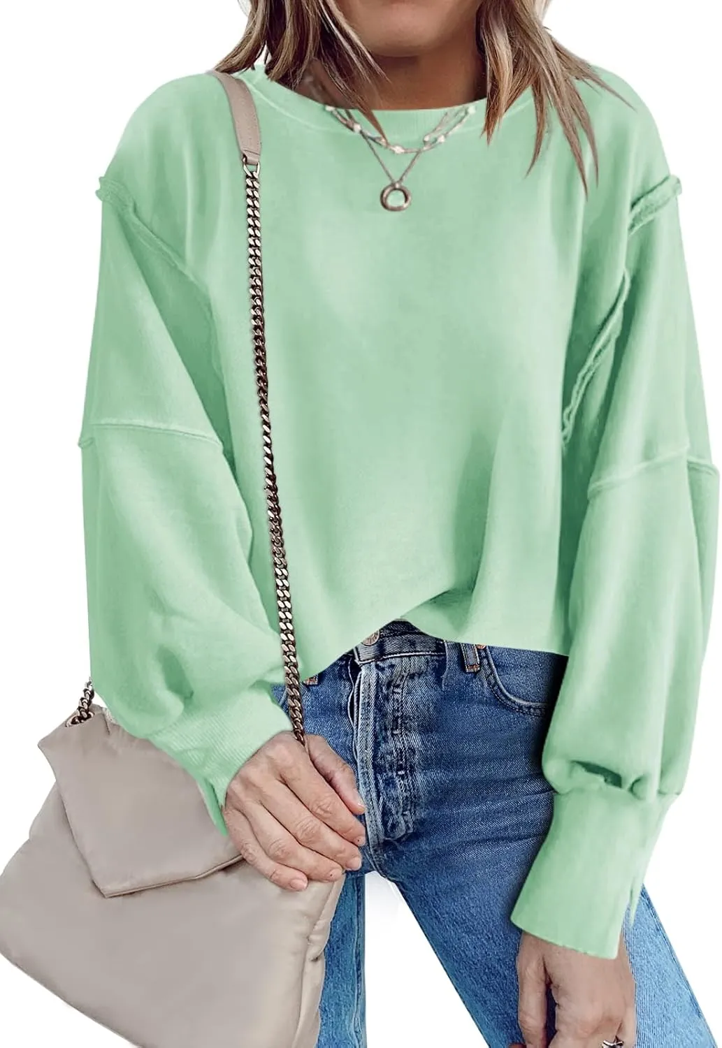 Nirovien Womens Oversized Crewneck Sweatshirt Side Slit Long Sleeve Pullover Slouchy Fit Tops