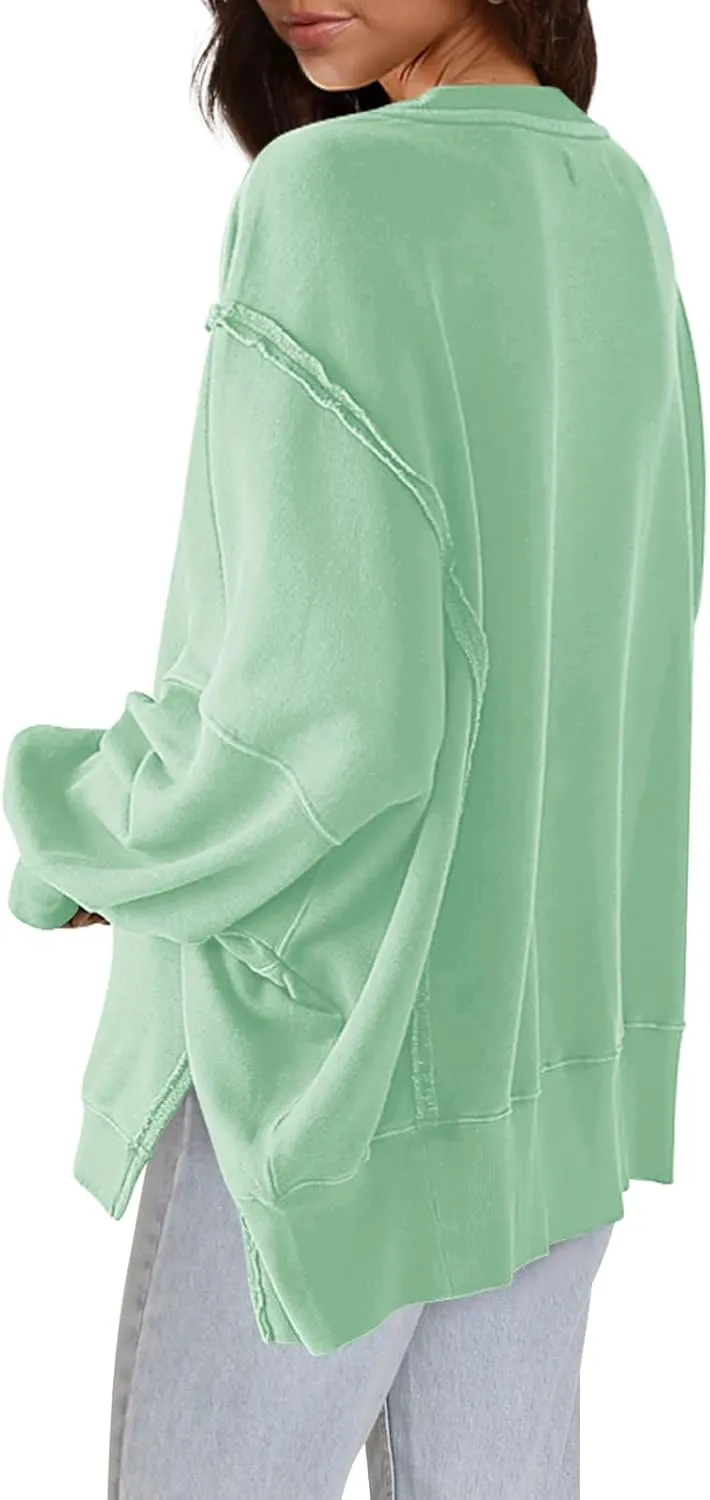 Nirovien Womens Oversized Crewneck Sweatshirt Side Slit Long Sleeve Pullover Slouchy Fit Tops