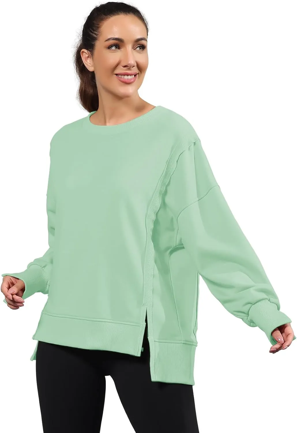 Nirovien Womens Oversized Crewneck Sweatshirt Side Slit Long Sleeve Pullover Slouchy Fit Tops