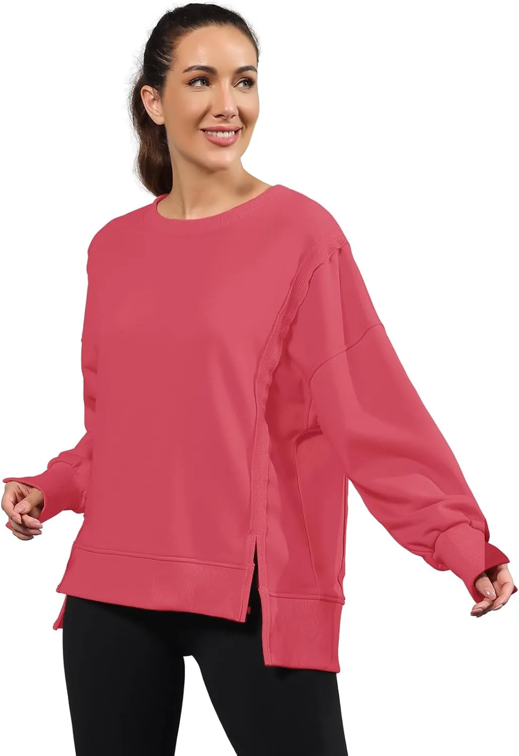 Nirovien Womens Oversized Crewneck Sweatshirt Side Slit Long Sleeve Pullover Slouchy Fit Tops