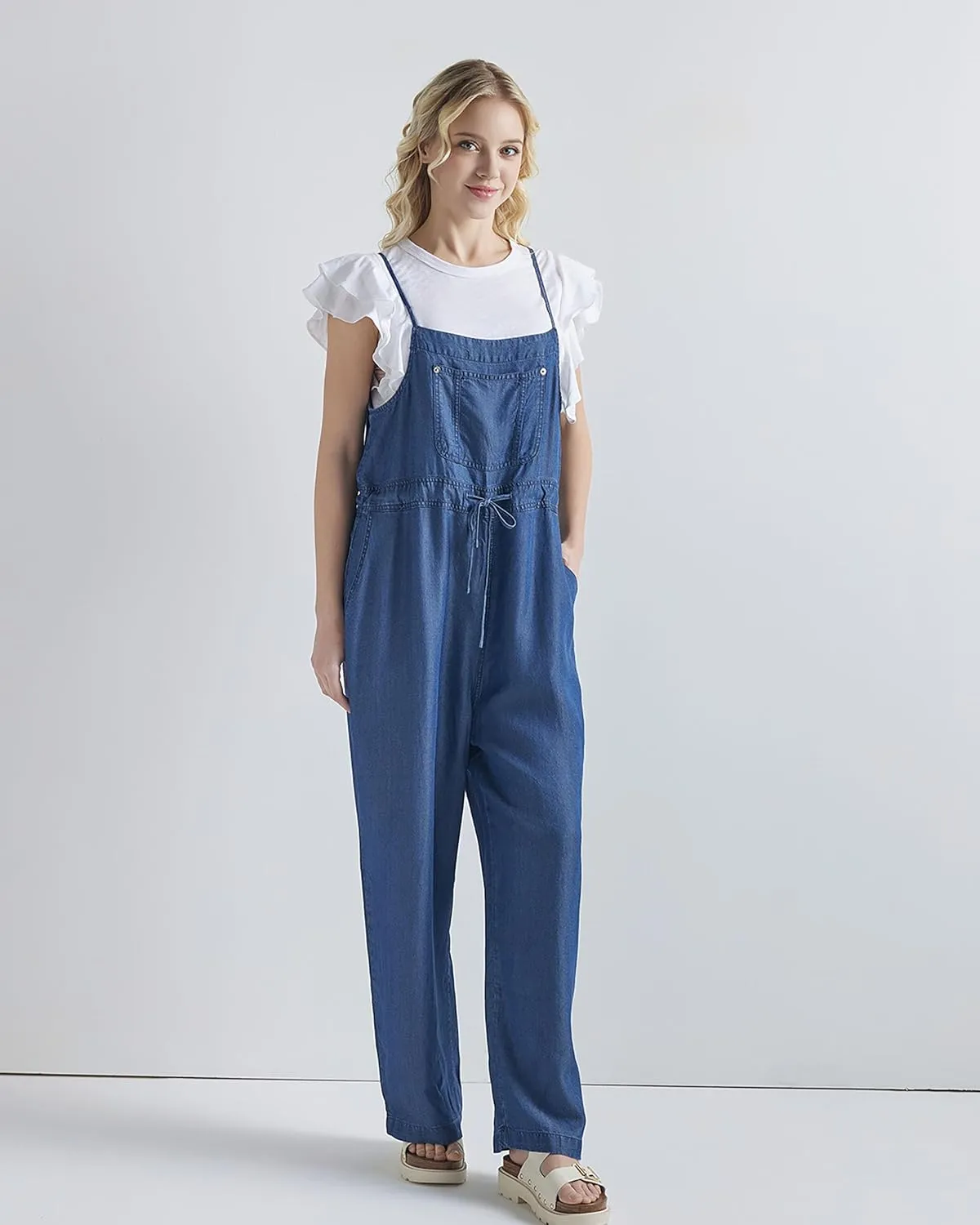 noflik Women's relaxed silhouette square neck adjustable shoulder straps Jumpsuit with pockets