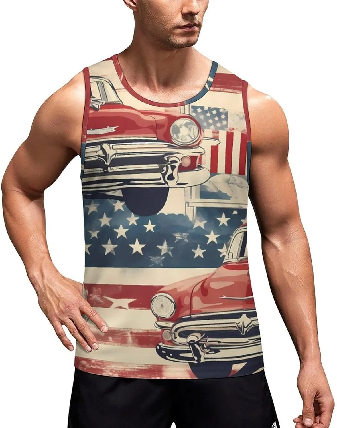 Old Trucks U.S.Flag Mens Tank Top Undershirt Sleeveless Gym Vest Workout T-Shirts