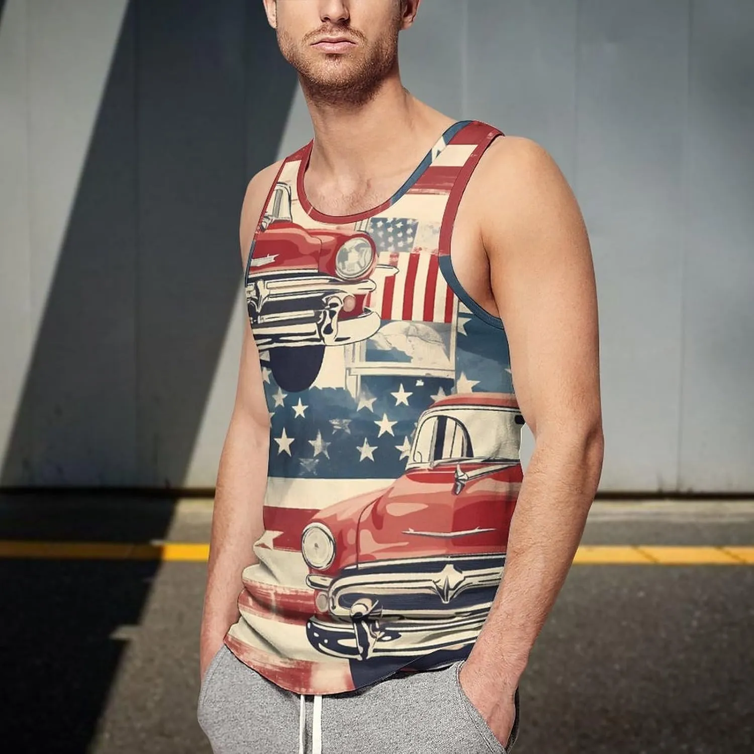 Old Trucks U.S.Flag Mens Tank Top Undershirt Sleeveless Gym Vest Workout T-Shirts