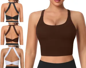 Padded Sports Bras for Women - Strappy Spaghetti Strap Workout Criss Cross Tank Tops Sets (3 Pack)