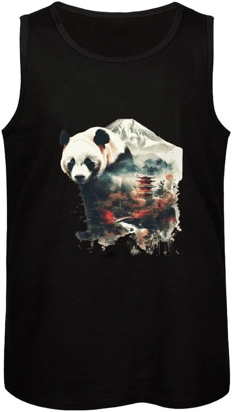 Panda Landscape Mountain Mens Tank Top Cotton Undershirt Crewneck Sleeveless Shirt for Summer