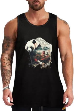 Panda Landscape Mountain Mens Tank Top Cotton Undershirt Crewneck Sleeveless Shirt for Summer