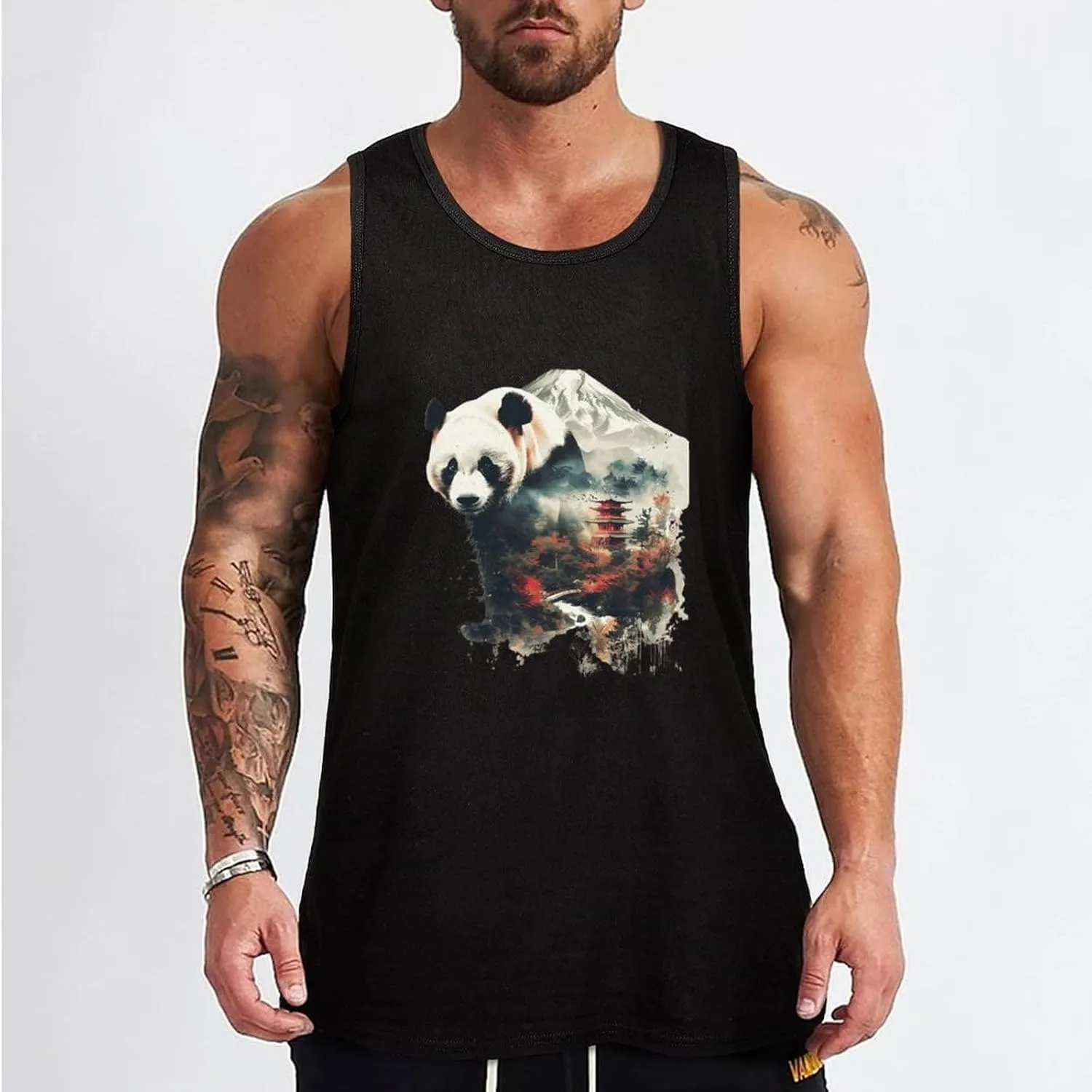 Panda Landscape Mountain Mens Tank Top Cotton Undershirt Crewneck Sleeveless Shirt for Summer