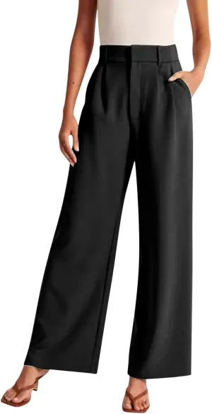 Pants for Women Casual Wide Leg High Waist Button Straight Trousers Loose Fit Business Fashion Work Pants with Pockets