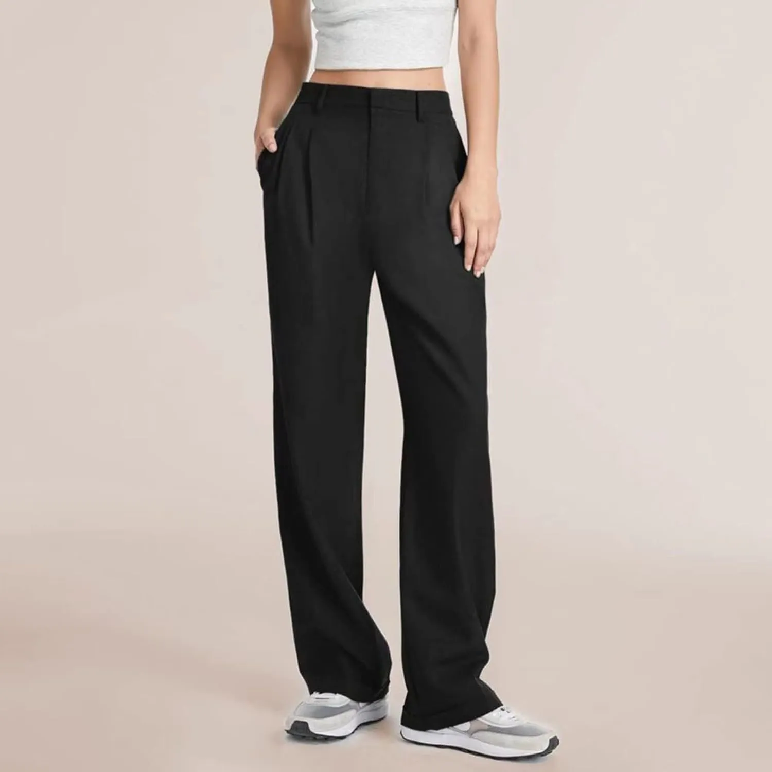Pants for Women Casual Wide Leg High Waist Button Straight Trousers Loose Fit Business Fashion Work Pants with Pockets