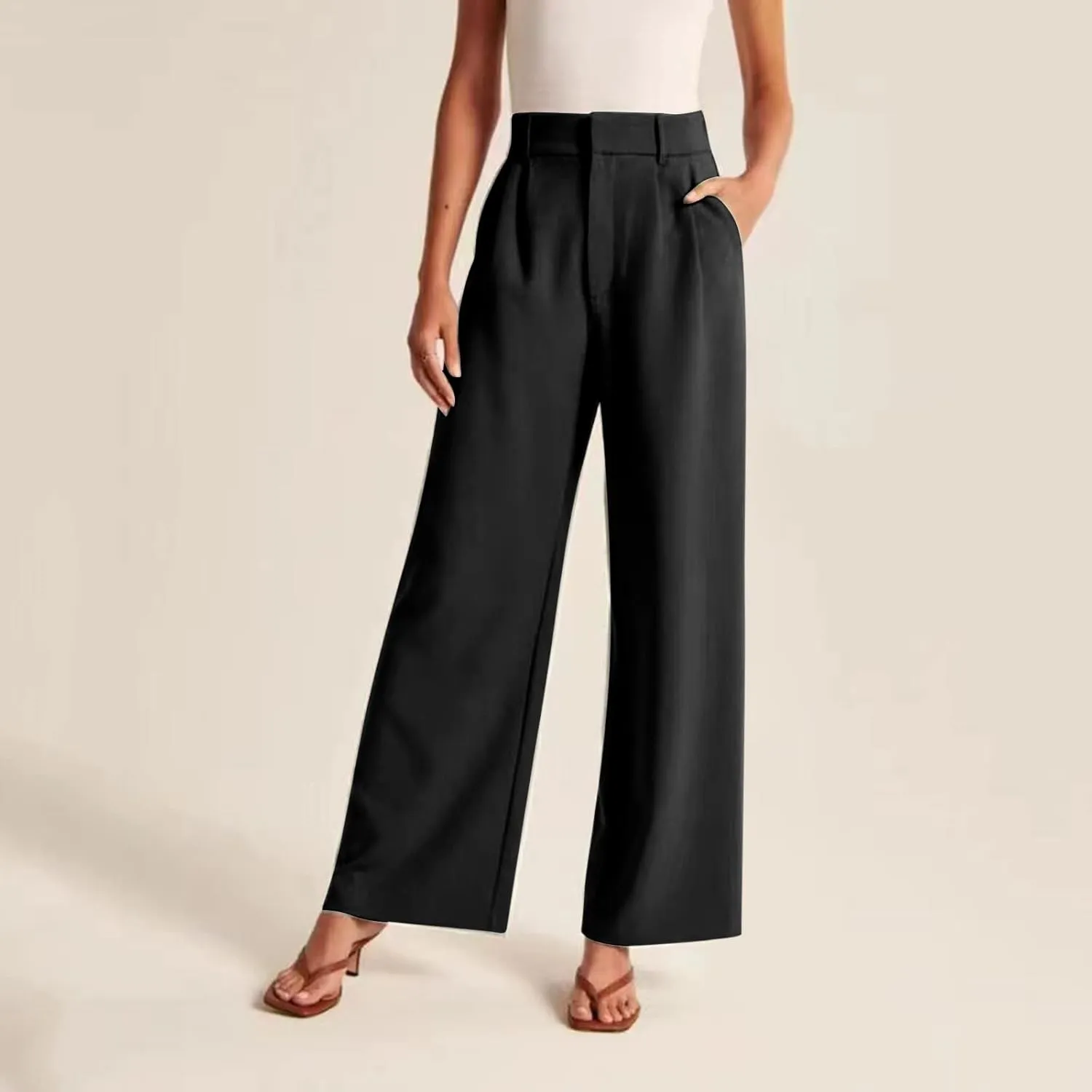 Pants for Women Casual Wide Leg High Waist Button Straight Trousers Loose Fit Business Fashion Work Pants with Pockets