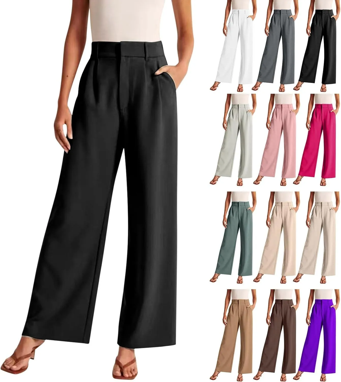 Pants for Women Casual Wide Leg High Waist Button Straight Trousers Loose Fit Business Fashion Work Pants with Pockets