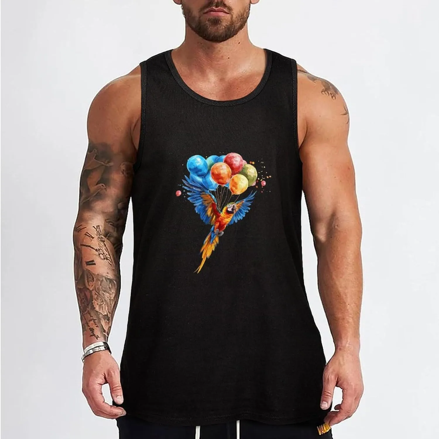 Parrot Bird Flying with Balloons Mens Tank Top Cotton Undershirt Crewneck Sleeveless Shirt for Summer