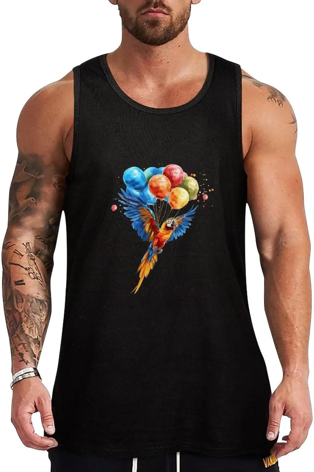 Parrot Bird Flying with Balloons Mens Tank Top Cotton Undershirt Crewneck Sleeveless Shirt for Summer