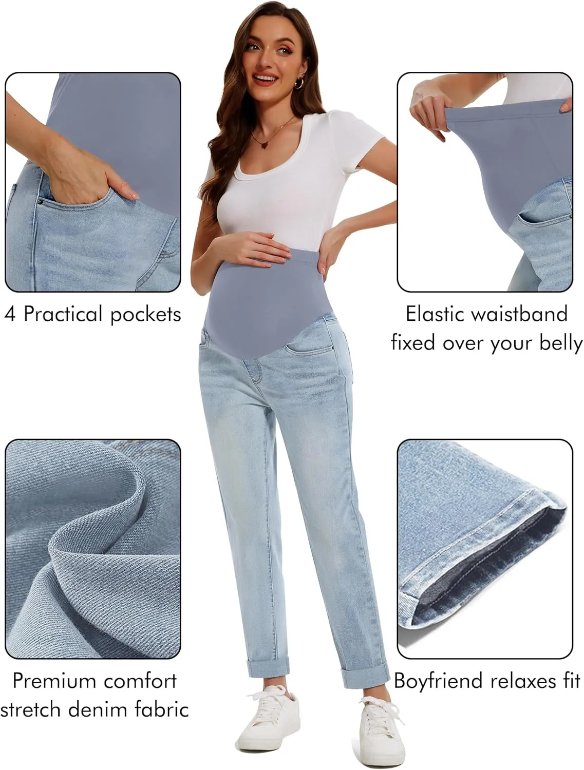 Peauty Maternity Jeans Over Belly Support Boyfriend Jeans Comfortable Stretch with Pockets Pregnancy-Pants
