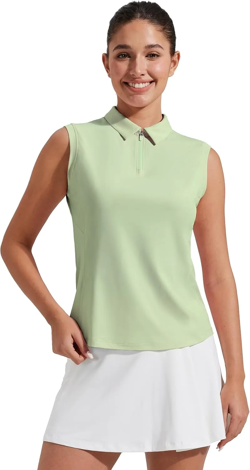 Pioneer Camp Women's Sleeveless Golf Polo Shirts Zip Up Elastic Quick Dry Lightweight Pickleball Tennis Summer Tops Pea Green XS