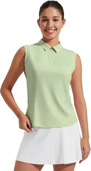 Pioneer Camp Women's Sleeveless Golf Polo Shirts Zip Up Elastic Quick Dry Lightweight Pickleball Tennis Summer Tops Pea Green XS