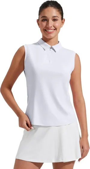 Pioneer Camp Women's Sleeveless Golf Polo Shirts Zip Up Elastic Quick Dry Lightweight Pickleball Tennis Summer Tops White XS