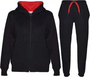 Plain Tracksuit Contrast Hoodie with Joggers Jogging Sweatpants Pants Sports Activewear Set Girls Boys Age 2-13Yrs