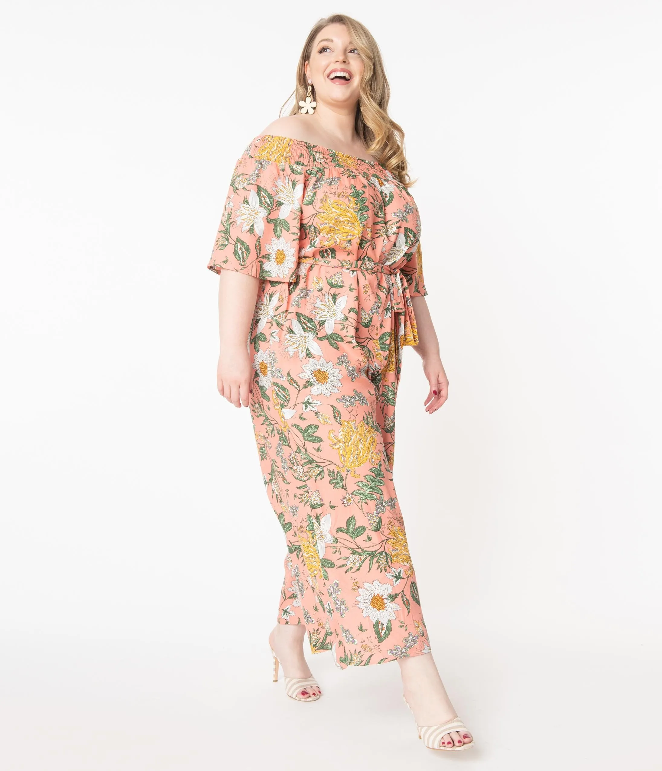 Plus Size Hot Coral & Multi Floral Jumpsuit