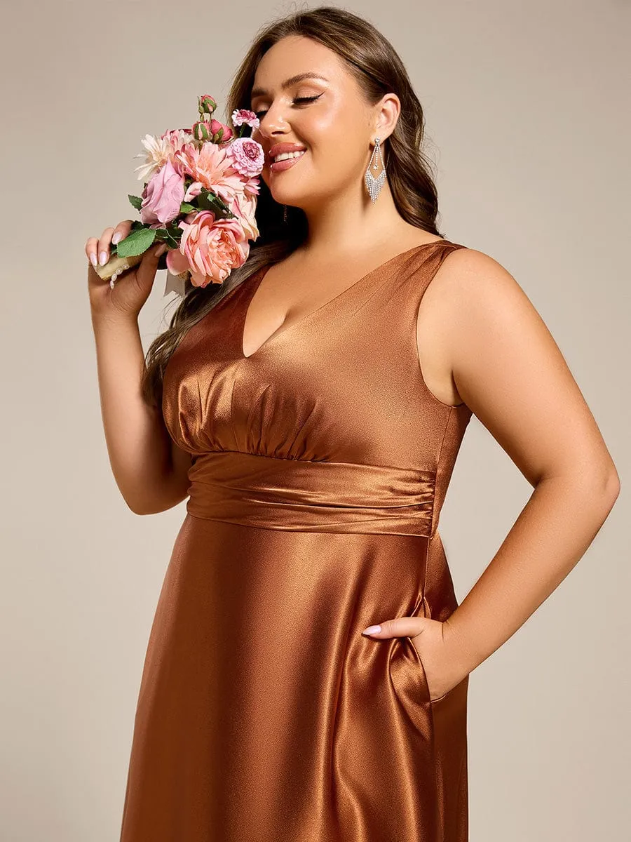 Plus Size Satin Empire Waist Maxi Bridesmaid Dress with Pockets