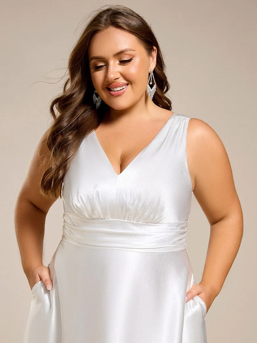 Plus Size Satin Empire Waist Maxi Bridesmaid Dress with Pockets