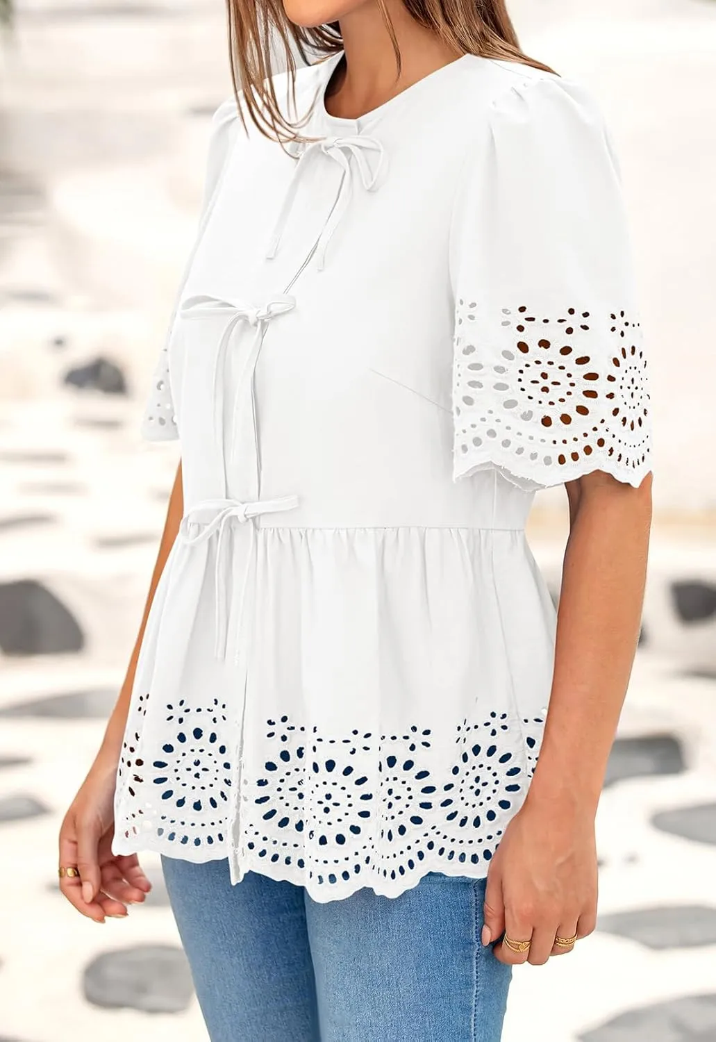 PRETTYGARDEN Tie Front Peplum Tops for Women Summer Y2K Short Sleeve Babydoll Cute Going Out Top Eyelet Blouse Shirt