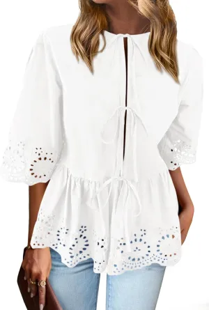 PRETTYGARDEN Tie Front Peplum Tops for Women Summer Y2K Short Sleeve Babydoll Cute Going Out Top Eyelet Blouse Shirt