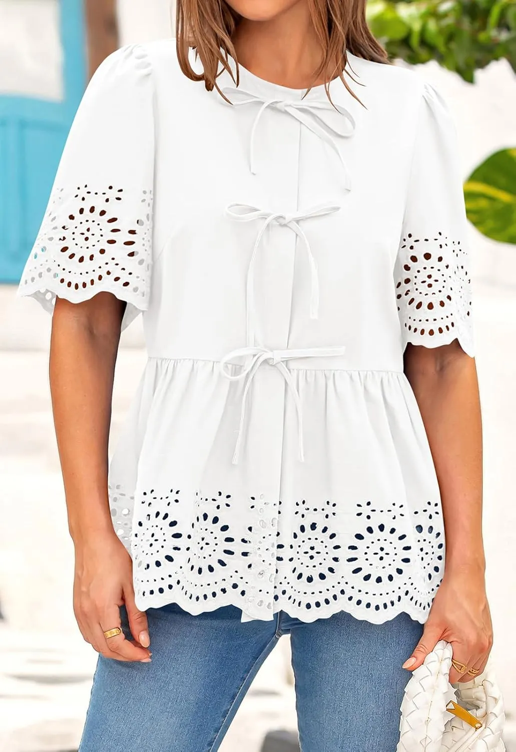 PRETTYGARDEN Tie Front Peplum Tops for Women Summer Y2K Short Sleeve Babydoll Cute Going Out Top Eyelet Blouse Shirt
