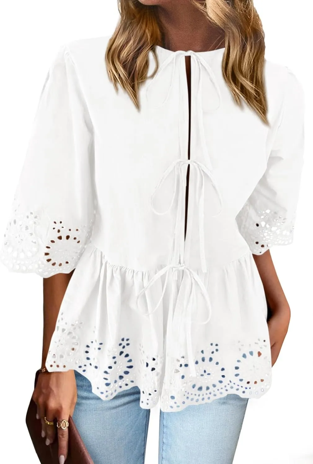 PRETTYGARDEN Tie Front Peplum Tops for Women Summer Y2K Short Sleeve Babydoll Cute Going Out Top Eyelet Blouse Shirt