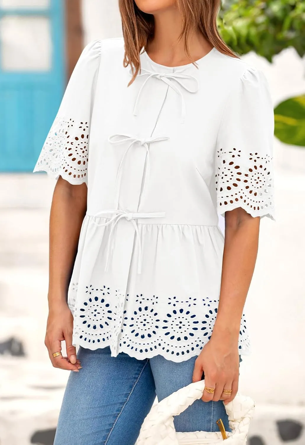 PRETTYGARDEN Tie Front Peplum Tops for Women Summer Y2K Short Sleeve Babydoll Cute Going Out Top Eyelet Blouse Shirt
