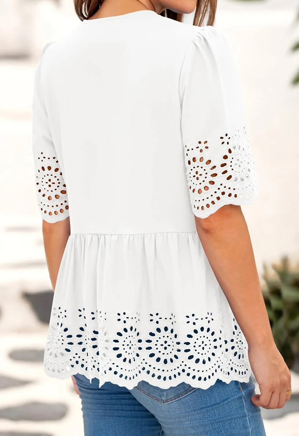 PRETTYGARDEN Tie Front Peplum Tops for Women Summer Y2K Short Sleeve Babydoll Cute Going Out Top Eyelet Blouse Shirt