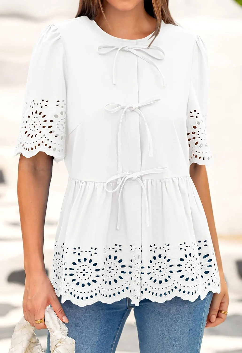 PRETTYGARDEN Tie Front Peplum Tops for Women Summer Y2K Short Sleeve Babydoll Cute Going Out Top Eyelet Blouse Shirt