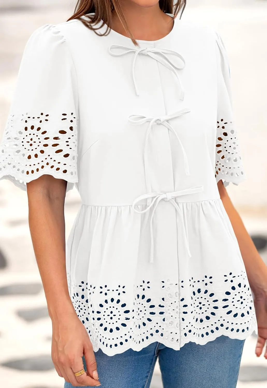 PRETTYGARDEN Tie Front Peplum Tops for Women Summer Y2K Short Sleeve Babydoll Cute Going Out Top Eyelet Blouse Shirt