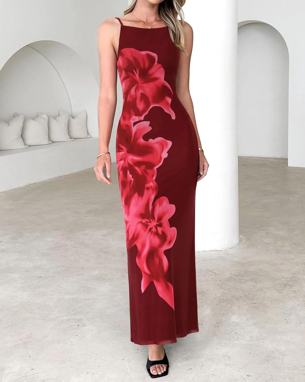 PRETTYGARDEN Womens Summer Dresses 2025 Elegant Spaghetti Straps Evening Gown Floral Print Bodycon Maxi Mesh Sundress