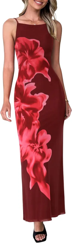 PRETTYGARDEN Womens Summer Dresses 2025 Elegant Spaghetti Straps Evening Gown Floral Print Bodycon Maxi Mesh Sundress