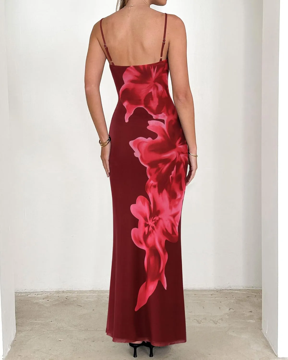 PRETTYGARDEN Womens Summer Dresses 2025 Elegant Spaghetti Straps Evening Gown Floral Print Bodycon Maxi Mesh Sundress