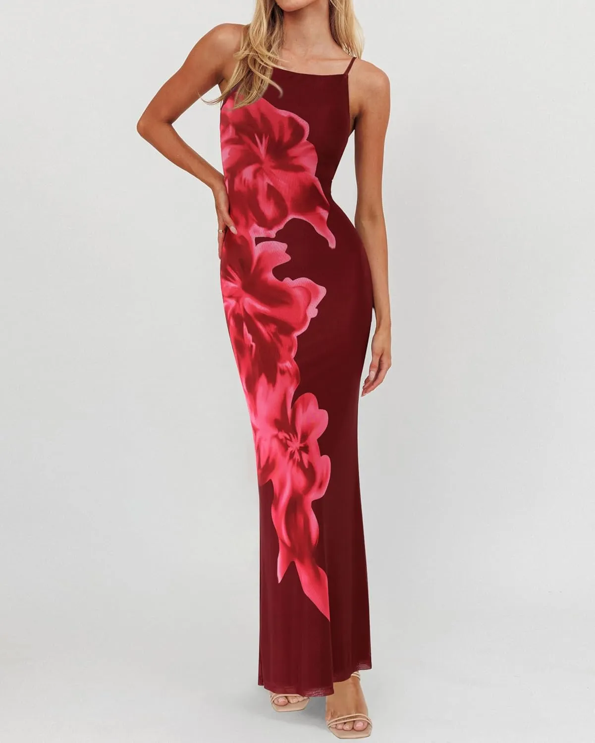 PRETTYGARDEN Womens Summer Dresses 2025 Elegant Spaghetti Straps Evening Gown Floral Print Bodycon Maxi Mesh Sundress