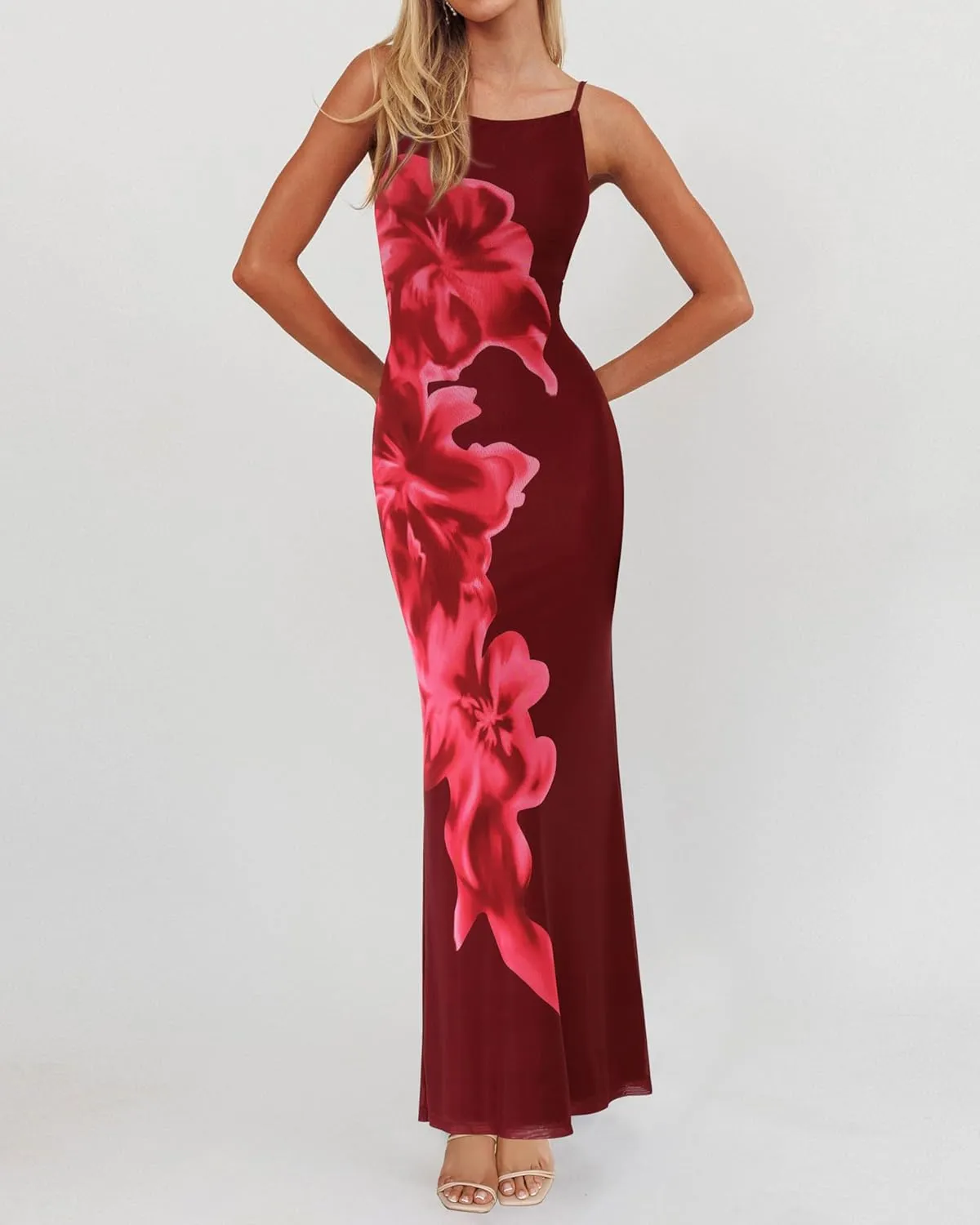 PRETTYGARDEN Womens Summer Dresses 2025 Elegant Spaghetti Straps Evening Gown Floral Print Bodycon Maxi Mesh Sundress