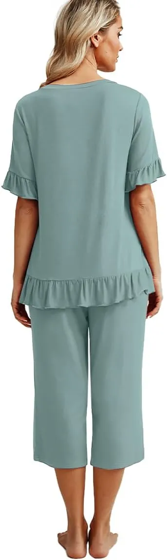 PrinStory Womens Pajama Set Short Sleeve Shirt and Capri Pants Sleepwear Pjs Set with Pockets