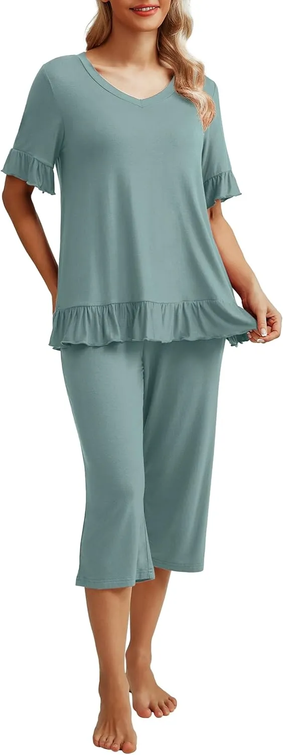 PrinStory Womens Pajama Set Short Sleeve Shirt and Capri Pants Sleepwear Pjs Set with Pockets
