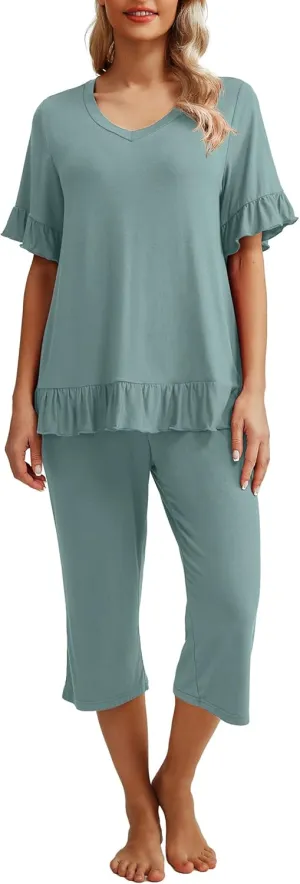 PrinStory Womens Pajama Set Short Sleeve Shirt and Capri Pants Sleepwear Pjs Set with Pockets