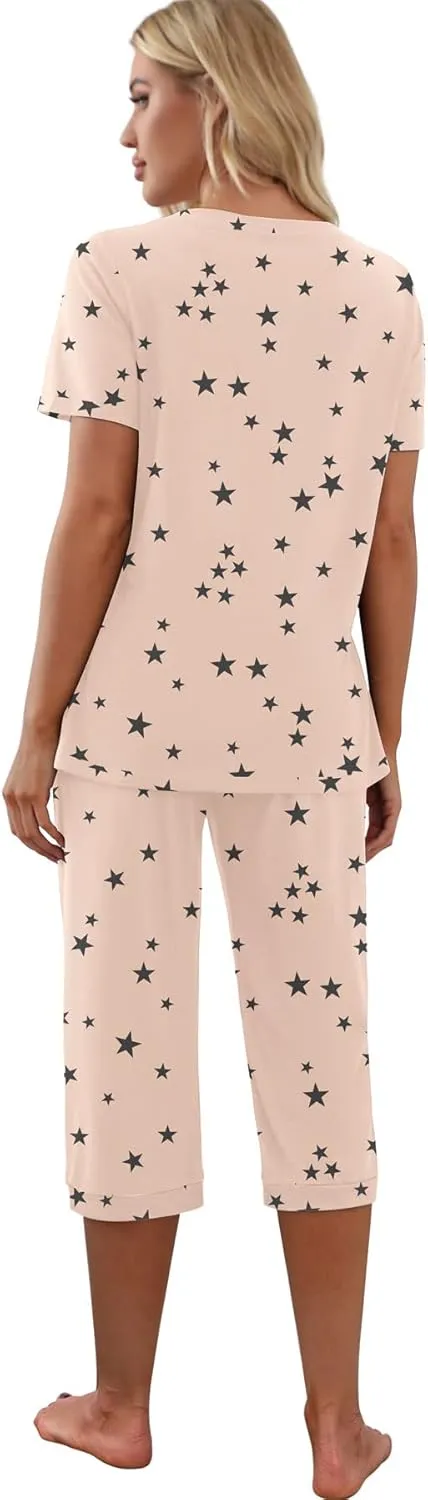 PrinStory Women's Pajama Set Short Sleeve Shirt and Capri Pants Sleepwear Pjs Sets with Pockets